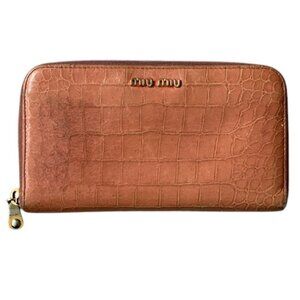 Miu Miu Croc Embossed Zip Around Wallet Womens Pink Salmon Leather Reptile Style